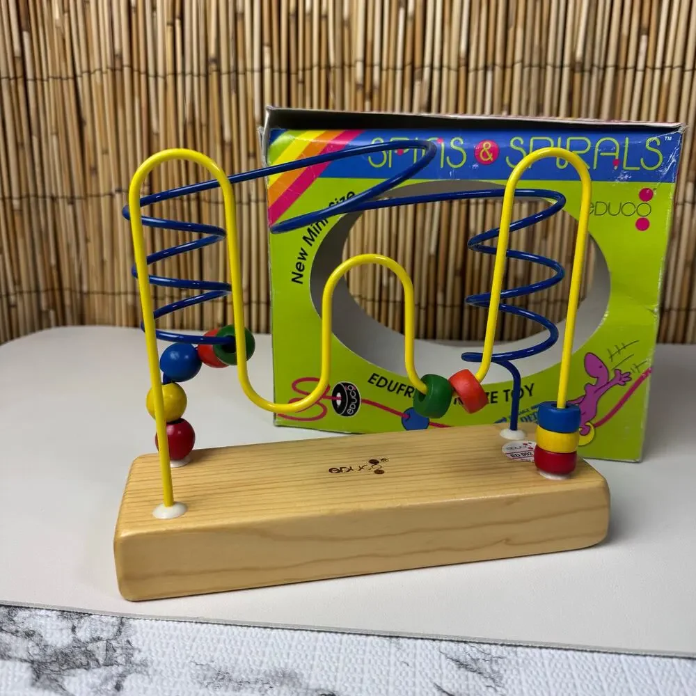Vintage Educo Spins & Spirals Mini-Size Eduframe Wooden Bead Wire Maze Toy NIB